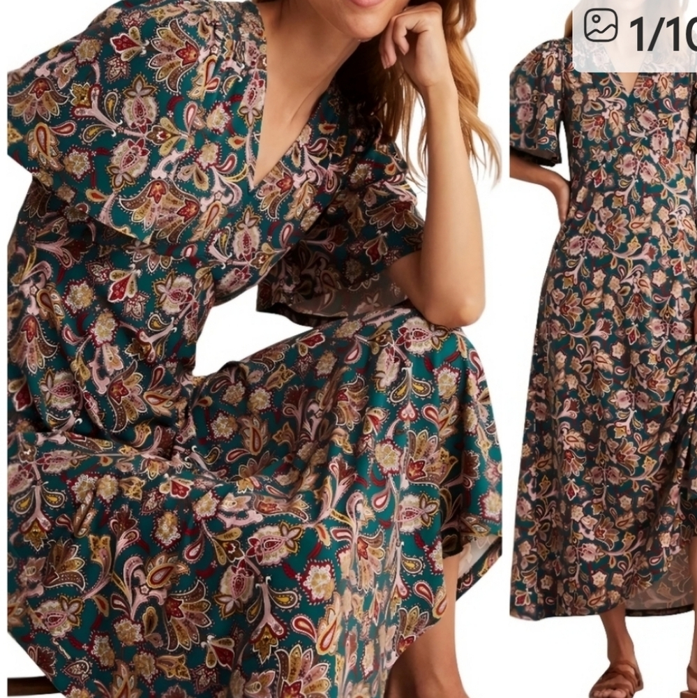 Boden Teal Paisley Midi Dress with Pink and Gold Motifs